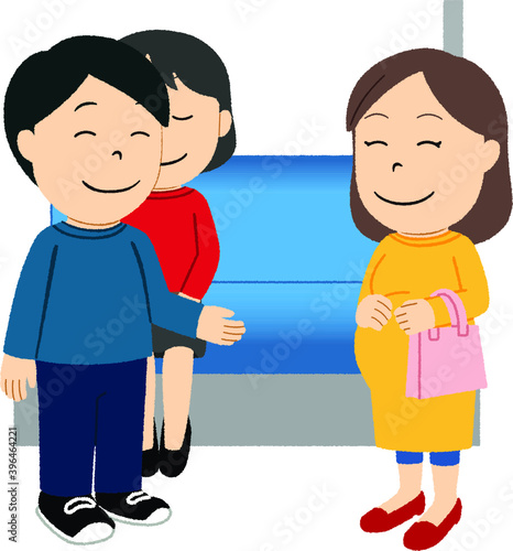 優先席で妊婦さんに席を譲る男性のイラスト