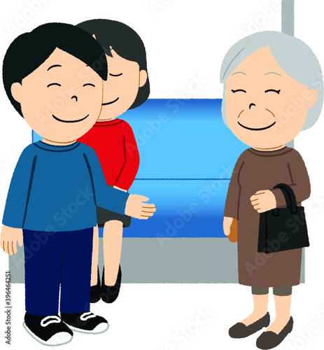 電車でお年寄りに席を譲る男性のイラスト