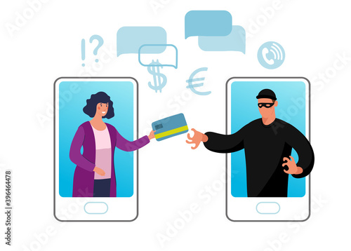 Conceptual illustration of online fraud, cyber crime, data hacking. A woman on the phone screen and the scammer stealing a bank card. Flat vector illustration.