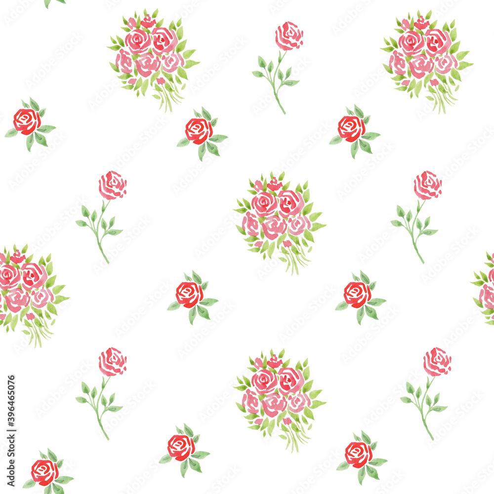 Watercolor illustration. Pattern with small scarlet roses. Bouquets and single flowers. Watercolor illustration. Pattern with small scarlet roses. Bouquets and single flowers.