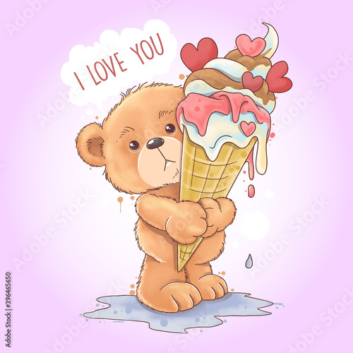Bear Tedy holds a melting love heart kone ice cream