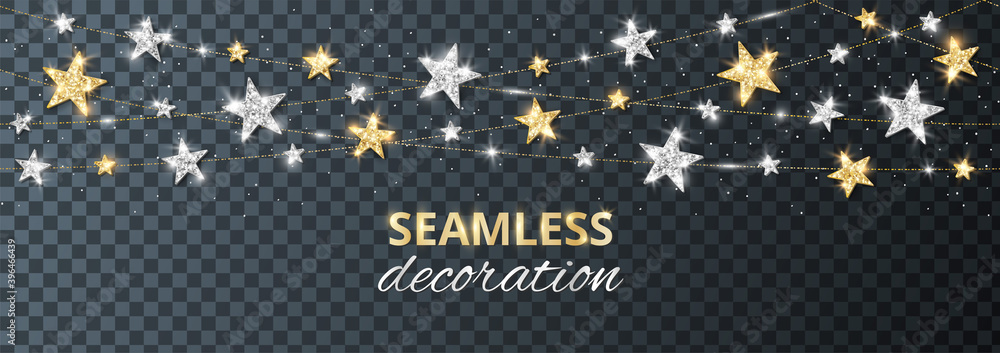 Seamless vector decoration isolated on transparent background. Strings with silver and gold stars. Sparkling glitter holiday border. For Christmas party posters, wedding invitations, birthday cards. - obrazy, fototapety, plakaty 
