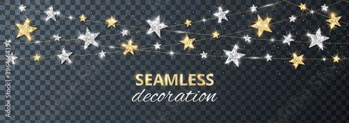 Seamless vector decoration isolated on transparent background. Strings with silver and gold stars. Sparkling glitter holiday border. For Christmas party posters, wedding invitations, birthday cards.