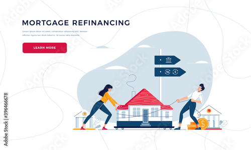 Mortgage refinancing web template. Co-borrowers push, drag house to the bank for house pawning with getting cash out. Re-mortgage, property refinance concept for landing page. Flat vector illustration