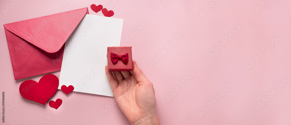 Valentines Day gift. Proposal of marriage, flat lay, banner Valentines Day gift. Proposal of marriage, flat lay, banner