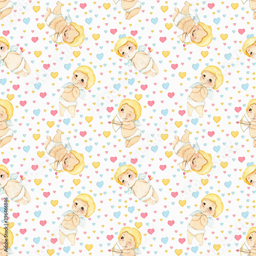 seamless pattern watercolor cute little cupid st. valentain day background photo