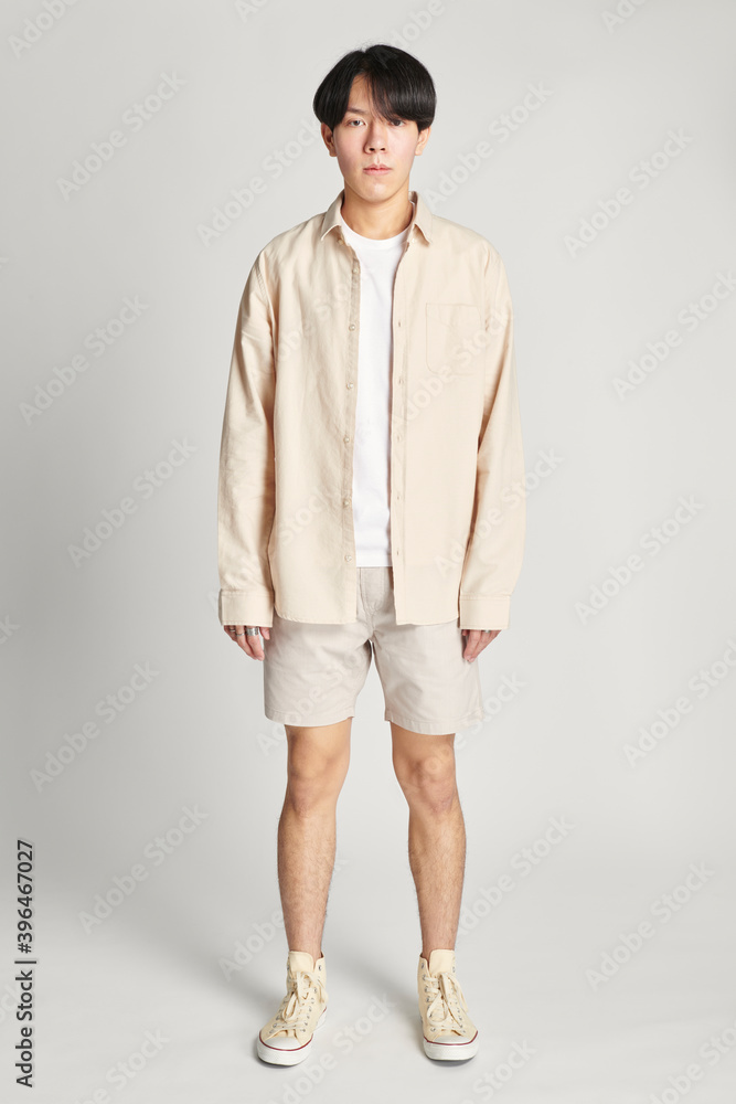 Fototapeta premium Men's beige long sleeves shirt mockup minimal outfit