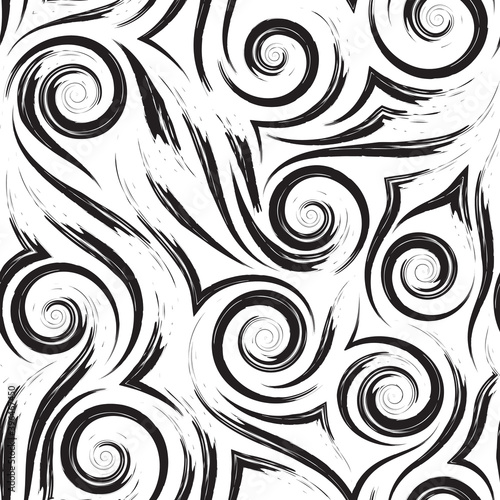 Vector seamless pattern of smooth brush strokes or waves in black. Smooth spiral stripes and corners monochrome texture for decoration of paper fabrics.