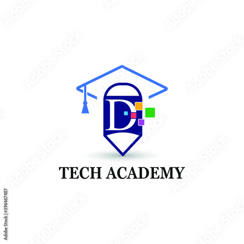 Letter D education and academy logo concept with pencil and toga hat for techno theme