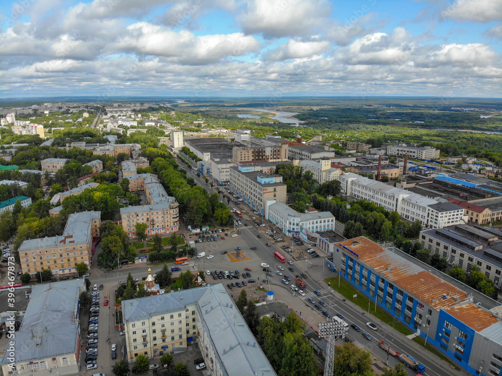 Aerial view of the intersection of Lepse street and Oktyabrsky avenue (Kirov, Russia)