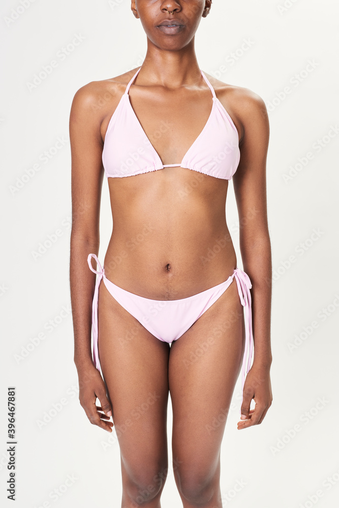 Fototapeta premium Pink triangle bikini mockup black model in swimwear