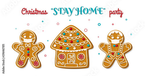 Gingerbread man and woman in face mask on stay home party. Christmas homemade cookies. The symbol is new normal. Vector illustration..