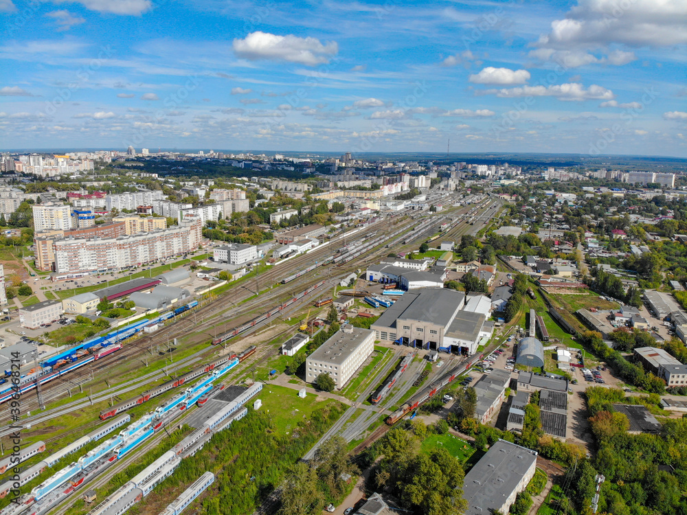 Aerial view of the railway and trains (Kirov, Russia)