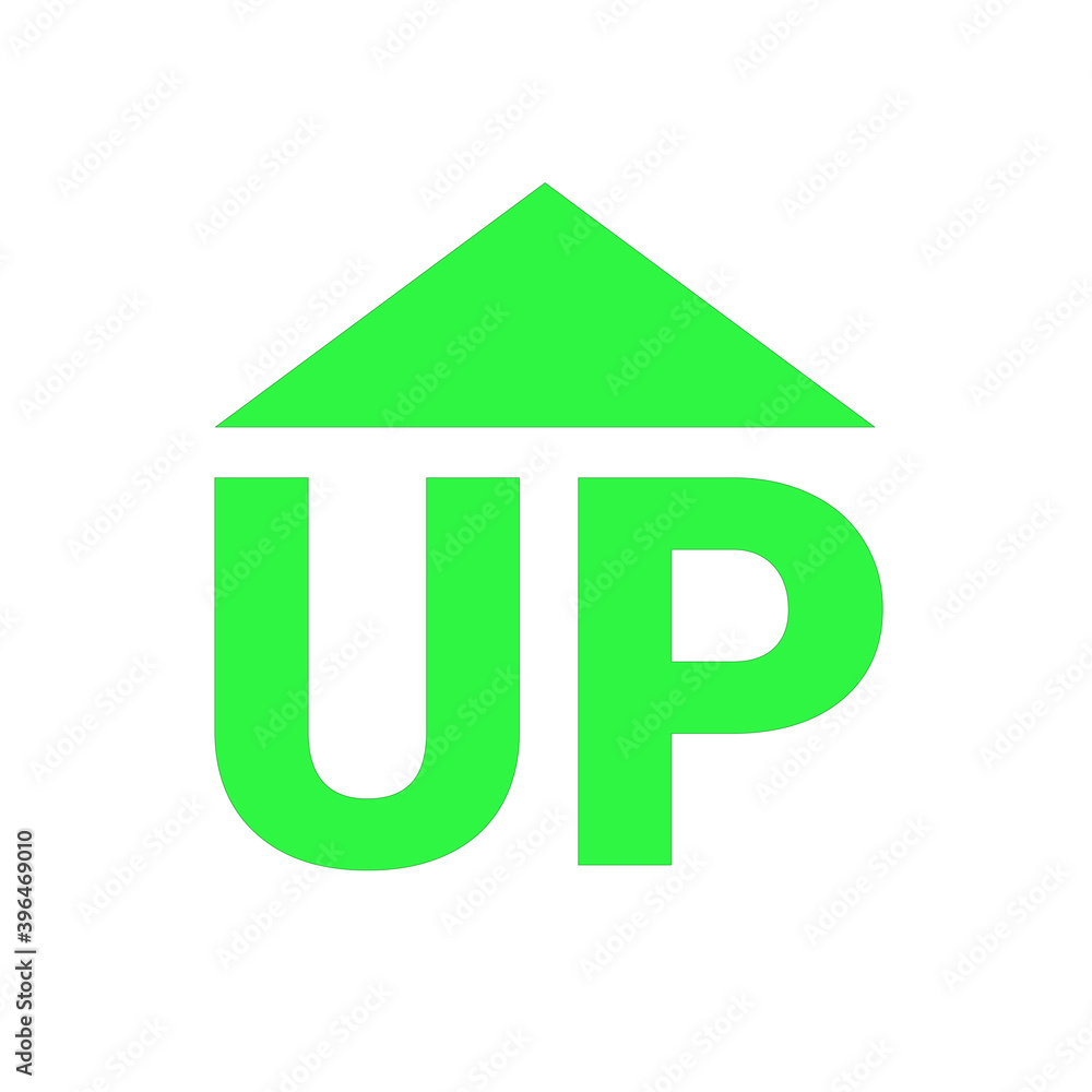 Green logo inscription UP on a white background. Up arrow. Letters U and P. Growth vector icon. Color vector illustration Green logo inscription UP on a white background. Up arrow. Letters U and P. Growth vector icon. Color vector illustration
