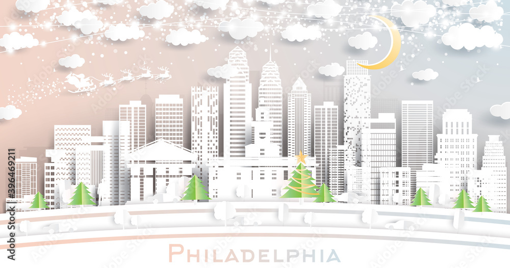 Philadelphia Pennsylvania USA City Skyline in Paper Cut Style with Snowflakes, Moon and Neon Garland.