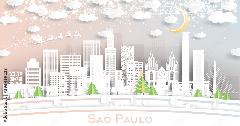 Sao Paulo Brazil City Skyline in Paper Cut Style with Snowflakes, Moon and Neon Garland.