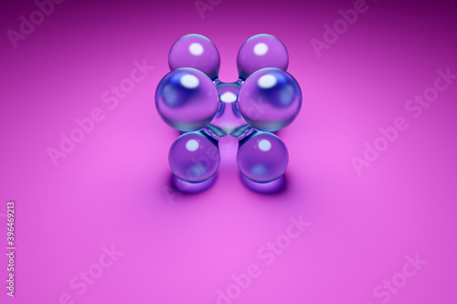 3d illustration of a transparent metaball with a huge number of parts on a pink background. Digital metaball background of flying overflowing into each other shiny spheres.