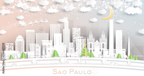 Sao Paulo Brazil City Skyline in Paper Cut Style with Snowflakes, Moon and Neon Garland.