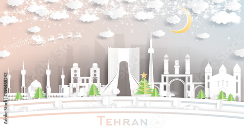 Tehran Iran City Skyline in Paper Cut Style with Snowflakes, Moon and Neon Garland.