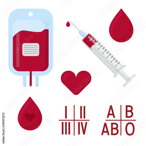blood donation set - syringe, blood type, drop of blood, heart. Vector illustration