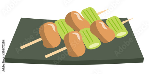 角皿に盛った2本の焼き鳥のイラスト/白背景