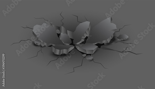 Vector realistic black crack in earth with pieces of stones.