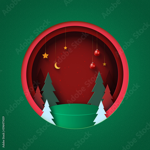 Merry Christmas and Happy new year background.Green podium in Red circle decorated with christmas tree,christmas ball and stars.