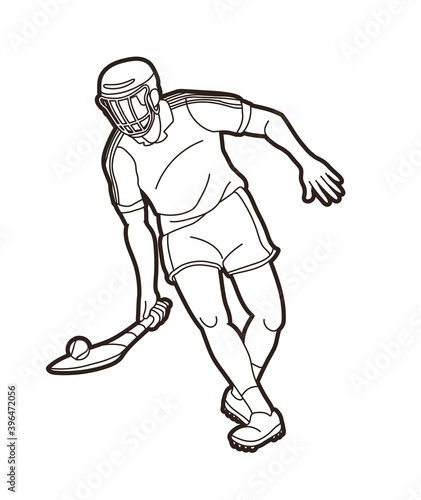 Hurling sport player action. Irish Hurley sport cartoon graphic vector.