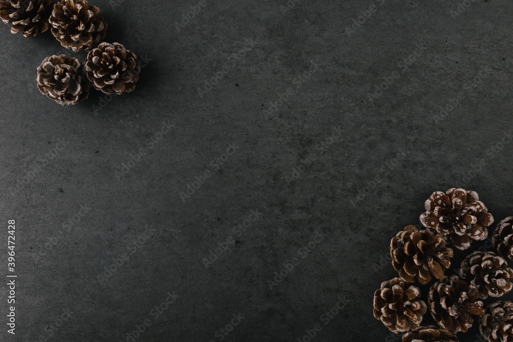 Group of pine cones spread on dark slate texture Group of pine cones spread on dark slate texture