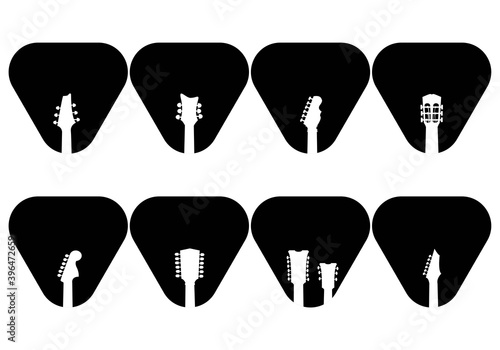 Logos for musical instrument stores, shops, recording studios, labels. Silhouette of guitar neck and plectrum set shape
vector eps 10