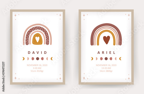 Rainbow boho posters with kid name. Scandinavian design for children room wall decor.