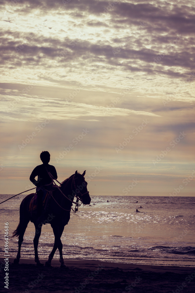 boy riding a horse backlight in sand water beach waves sunset ecuador montañita latin america
