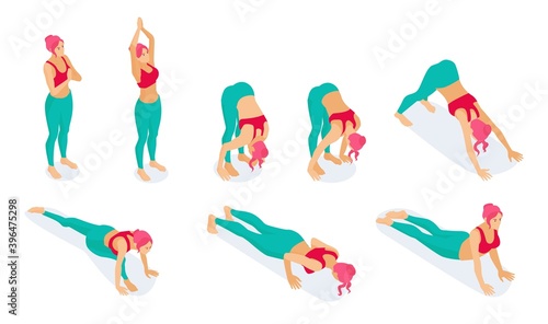 Set of isometric yoga poses, stretch fitness gym yoga workout exercises dog position isometric icons. Sun salutation vector illustration