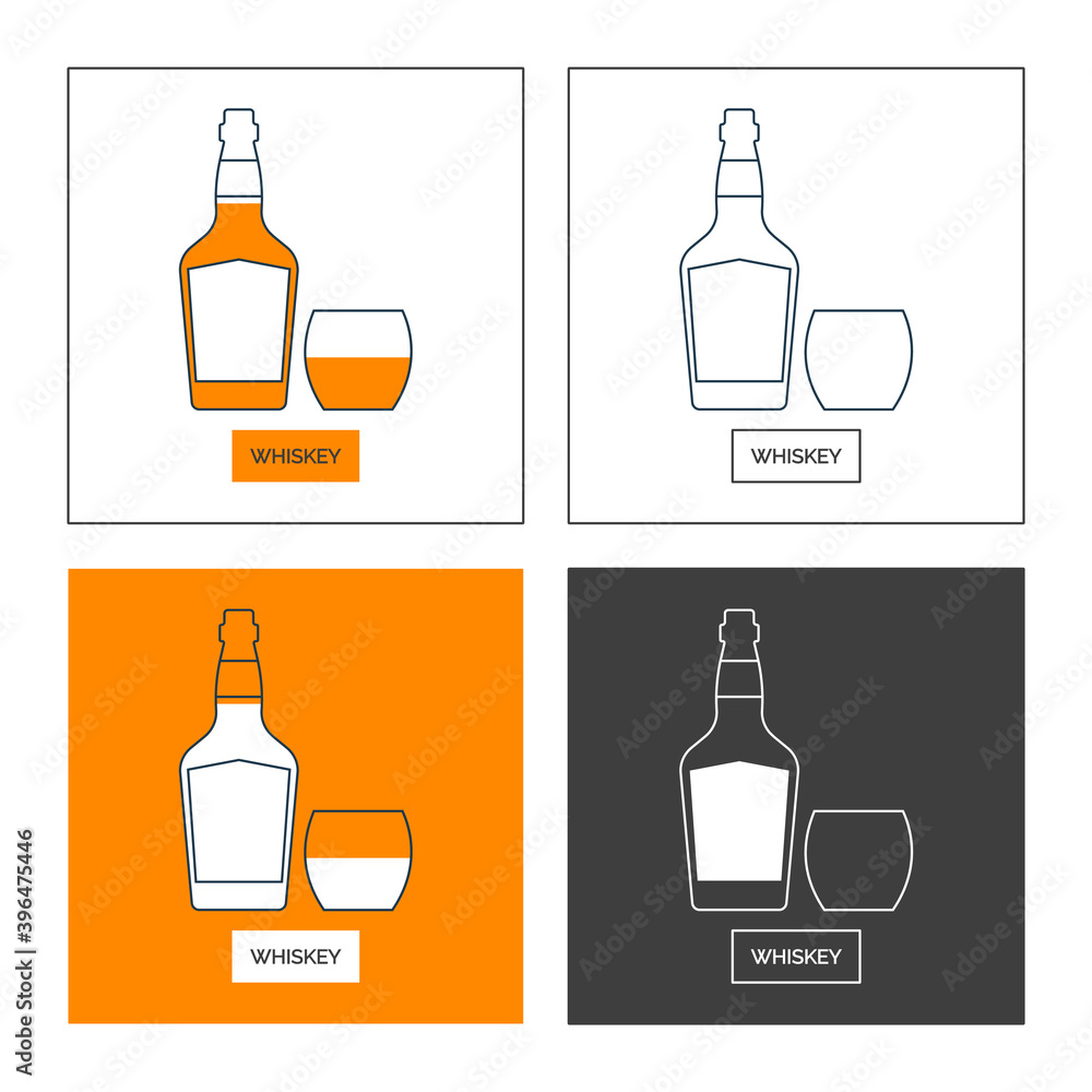 Bottle and glass whiskey line art in flat style. Set of shapes of contour elements. Restaurant alcoholic illustration for celebration design. Beverage outline icon. Isolated sign on white background Bottle and glass whiskey line art in flat style. Set of shapes of contour elements. Restaurant alcoholic illustration for celebration design. Beverage outline icon. Isolated sign on white background