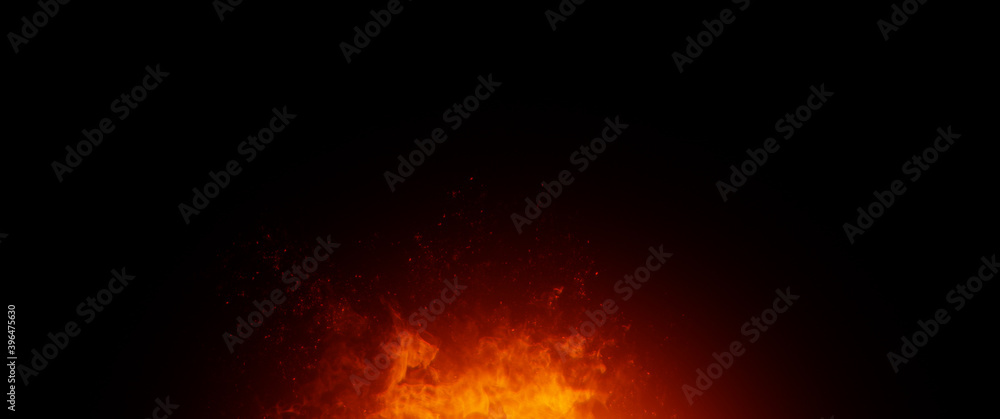 Panoramic view fire on isolated background. Perfect explosion effect for decoration and covering on black background. Concept burn flame and light texture overlays. Panoramic view fire on isolated background. Perfect explosion effect for decoration and covering on black background. Concept burn flame and light texture overlays.