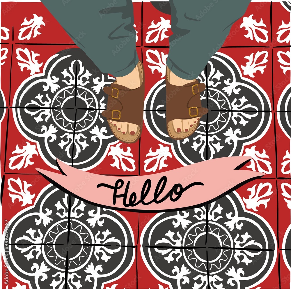 Feet floor ornate floor tiles vector illustration interior hand drawn ...