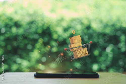 Shopping online concept idea with mobile device and illustration creative