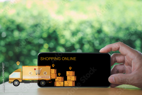 Shopping online concept idea with mobile device and illustration creative