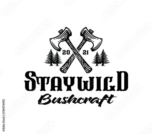 Monochrome vector emblem wooden axe and pines tree for camping
