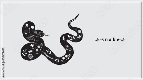 Vector illustration of a black snake with white flowers and plants. EPS 10.