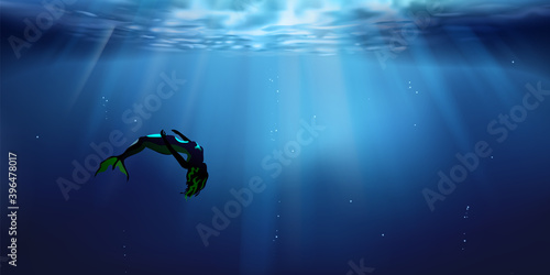 Mermaid and sea depths, underwater background, ocean or sea surface seen from under water. Bathing, rays of light, abstract marine backdrop. Nature landscape, blurred beams. Vector illustration.