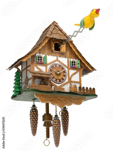 Cuckoo clock with yellow bird isolated on white background - 3D illustration photo