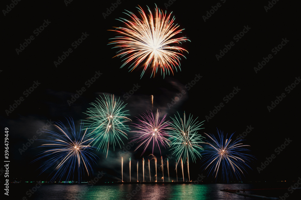 fireworks over the beach in Thailand,New year eve 2020 Pattaya firework Festival