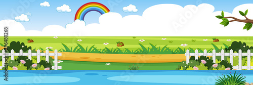 Horizon nature scene or landscape countryside with forest riverside view and rainbow in blank sky at daytime