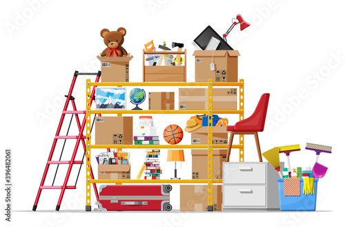 Storeroom or house cellar isolated on white. Modern storage room. Metal shelves with household items. Rack full of cardboard boxes, stair, cleaning accessories and furniture. Flat vector illustration