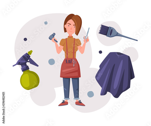 Professional Female Hairdresser with Tools Set, Barber Supplies for Styling Professional Haircut Cartoon Vector Illustration