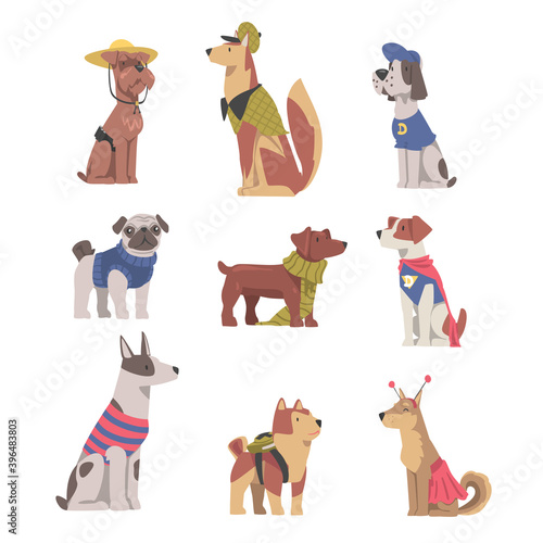 Cute Dogs in Festive Costumes Set, Funny Pets Animals Characters Dressed in Costume for Masquerade, Carnival, Party, Holiday Celebration Cartoon Style Vector Illustration