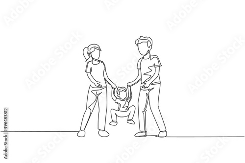 One single line drawing of young mom dad holding their son together then lift and swing him, parenting vector illustration. Happy family playing together concept. Modern continuous line draw design