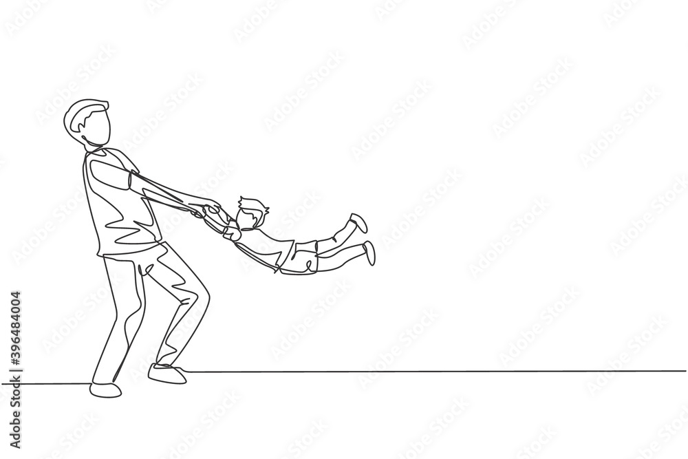One continuous line drawing of young father raising and spinning his son up in the air at home, family life. Happy parenting concept. Dynamic single line draw design vector graphic illustration One continuous line drawing of young father raising and spinning his son up in the air at home, family life. Happy parenting concept. Dynamic single line draw design vector graphic illustration