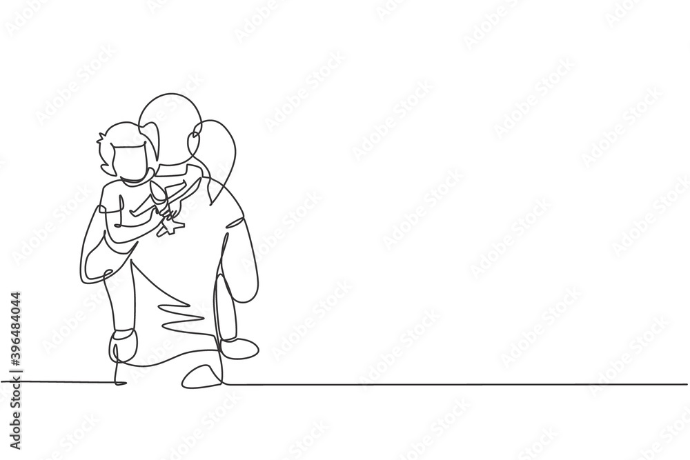 One continuous line drawing of young mother hugging her sleepy son while holding airplane toy at home, family life. Happy parenting concept. Dynamic single line draw design vector graphic illustration One continuous line drawing of young mother hugging her sleepy son while holding airplane toy at home, family life. Happy parenting concept. Dynamic single line draw design vector graphic illustration
